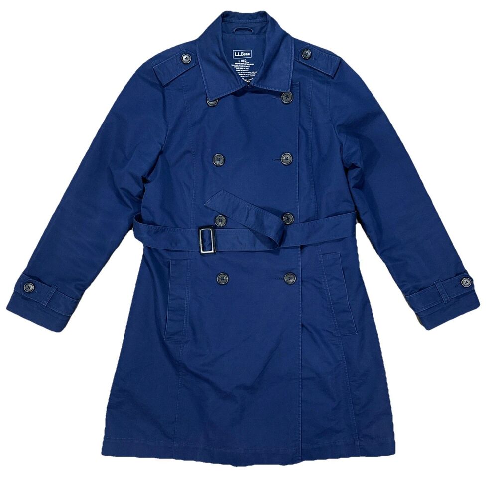 L.L. Bean Women's Double Breasted Trench Rain Coat Belted Blue Size Large
